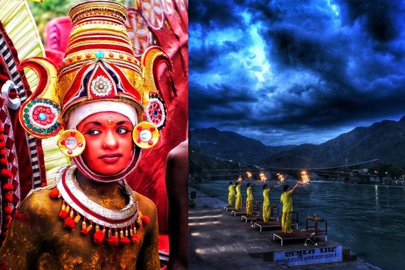 Left Image - Theyyam Dancer with Red painted face, from a festival in Kerala.
Right Image, Evening aarti on the Ganges River in Rishikesh, India.
Travel Photography by Andrew Adams
