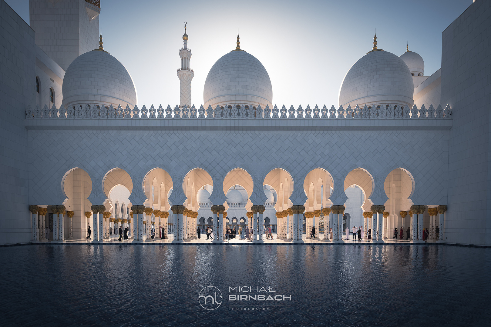 Sheikh Zayed Grand Mosque is one of  top travel landmarks in Abu Dhabi. This is a beautiful travel photography shot inside the mosque. Amazing minimalistic arabic architecture.