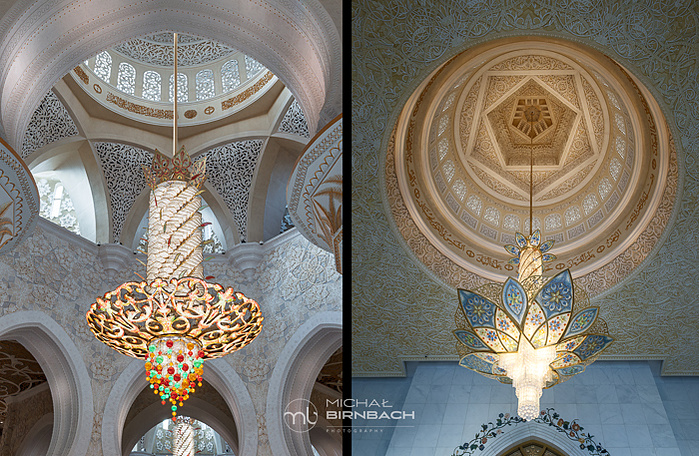 Sheikh Zayed Grand Mosque is one of  top travel landmarks in Abu Dhabi. This is a beautiful travel photography shot inside the mosque. Amazing chandeliers with Svarovski crystals. One of them won a Guiness record.