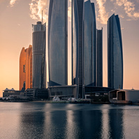 Etihad Towers in Abu Dhabi. An excellent example of the modern architecture. Travel photography taken during sunset. Art photography. Color. 