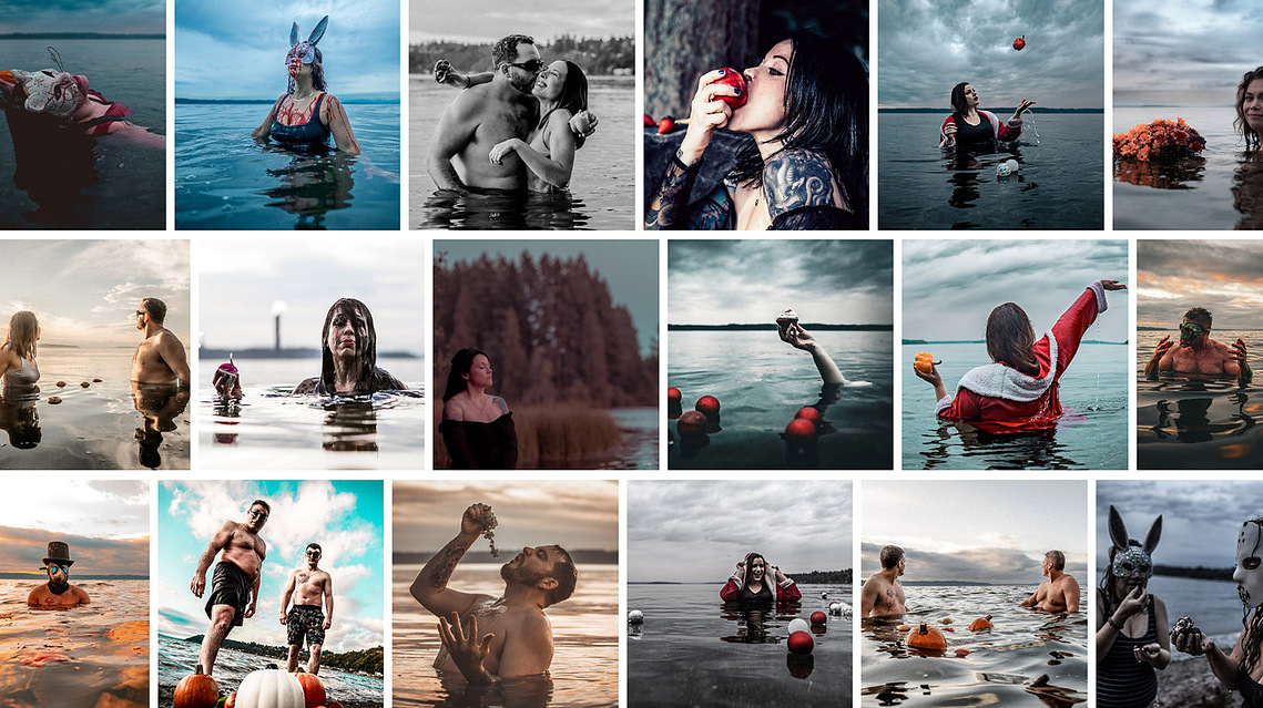 A collage of people playing in cold water, wearing masks and eating cupcakes. This is Cool Cupcake Costume Immersion.