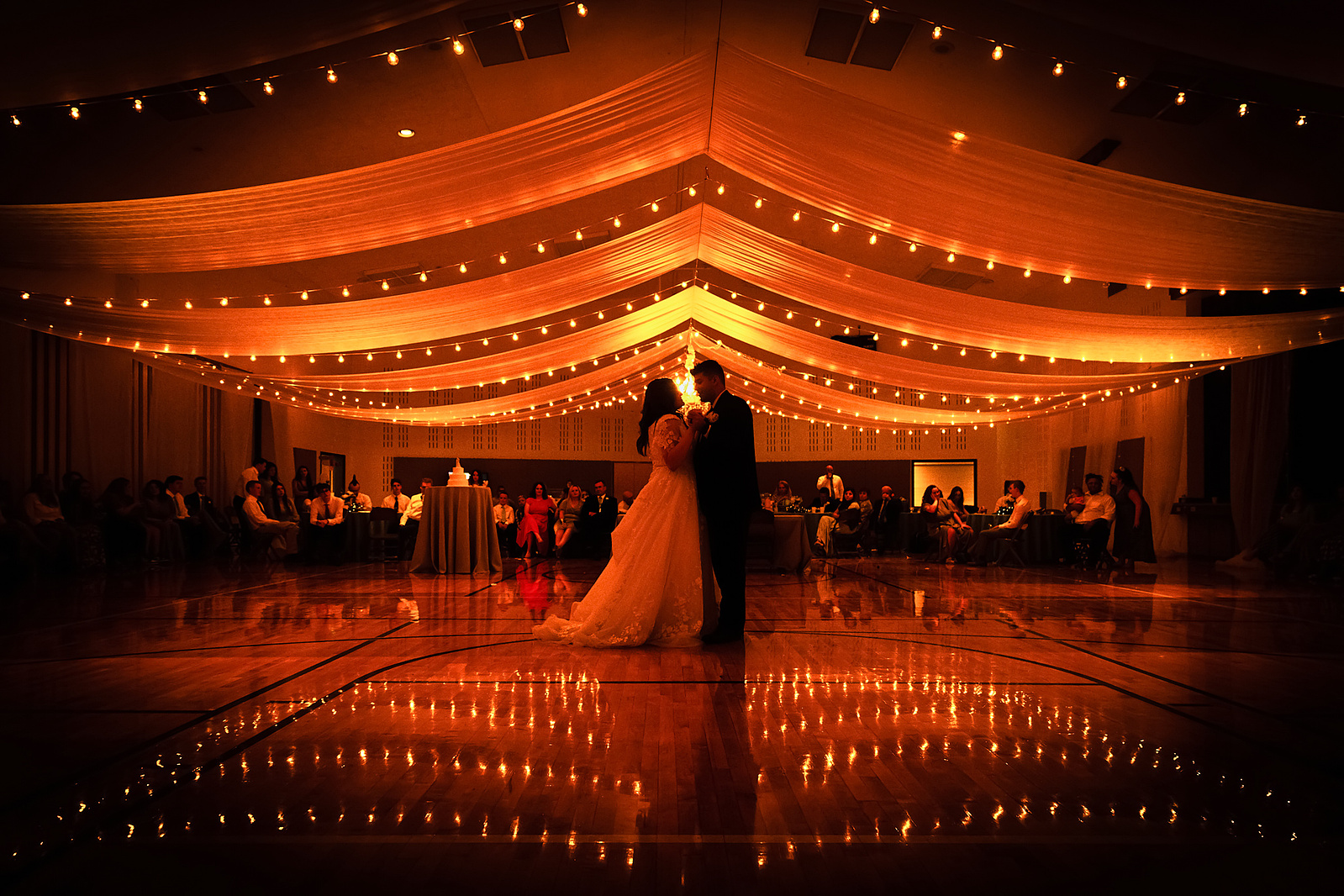 Bride and groom during first dance after wedding in LDS Mormon church just outside Salt Lake City, Utah.