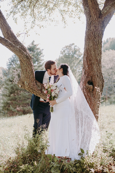 Bride and groom kissing under tree at Arnold Arboretum in glowing sunlight.