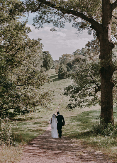 Bride and groom walking off into epic landscape with massive tree at Arnold Arboretum.