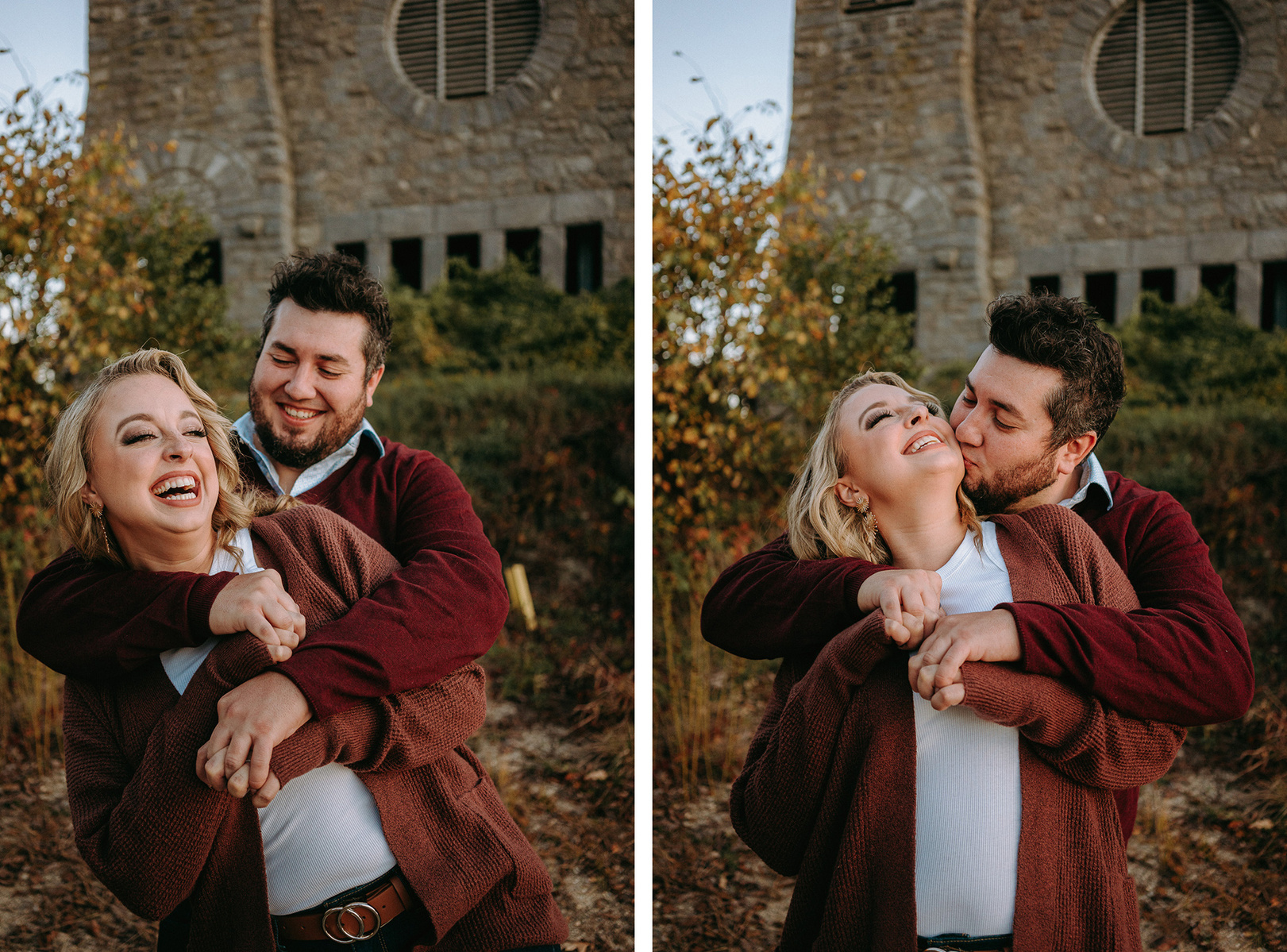 Diptych of couple hugging and laughing at Old Stone Church in West Boylston during engagement session.
