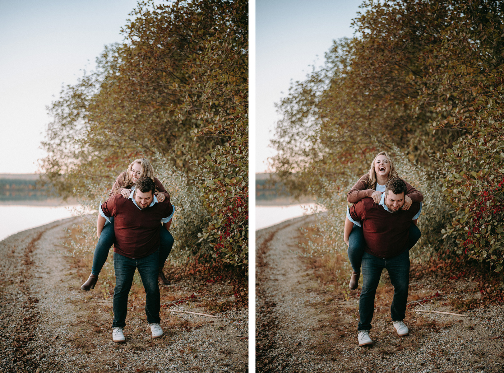 Piggyback ride on beach during engagement session at Old Stone Church, West Boylston, Massachusetts.