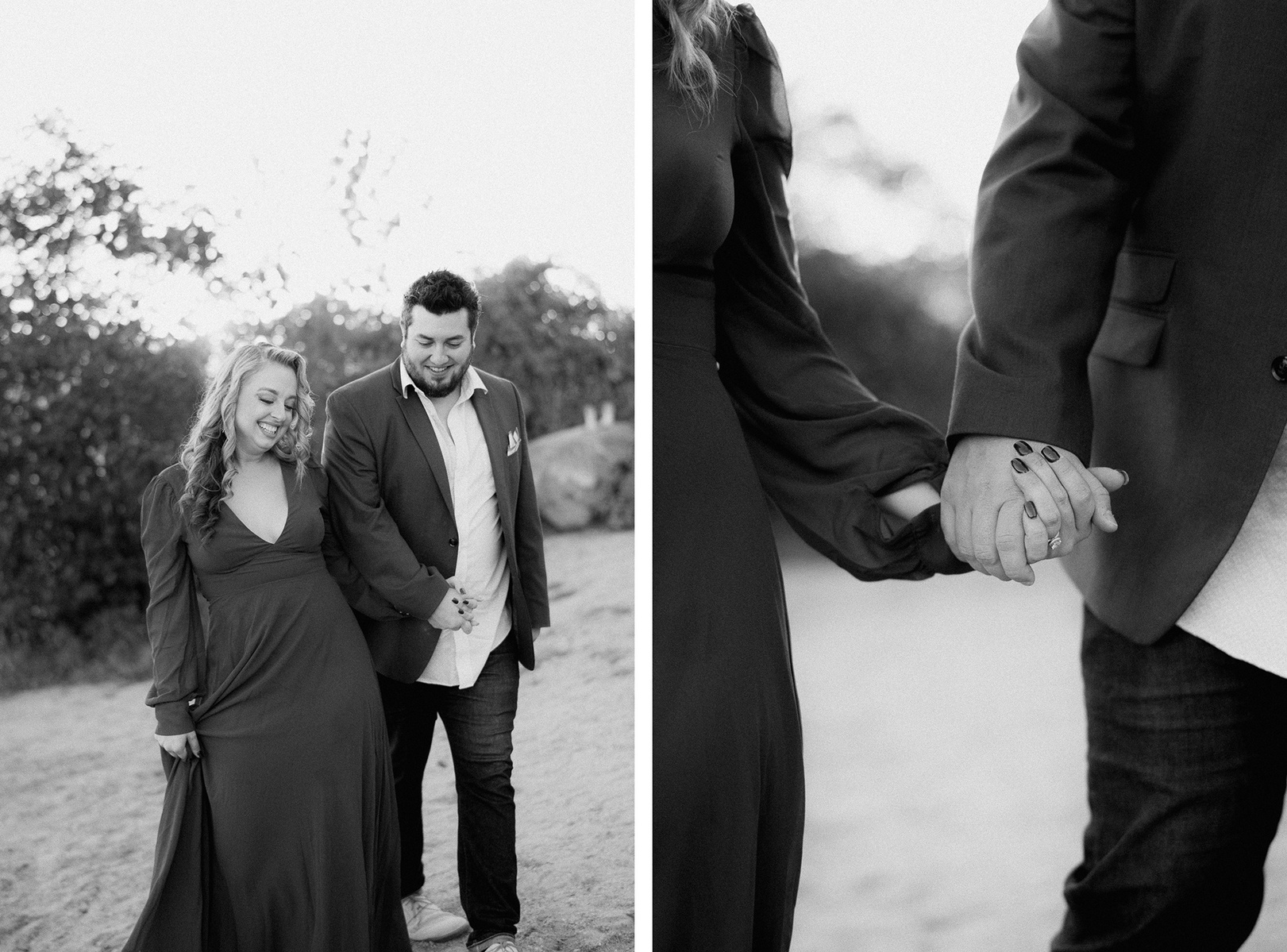 Black and white diptych of engaged couple holding hands.
