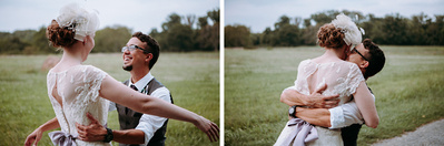 Diptych of bride and groom hugging at first look photo session.