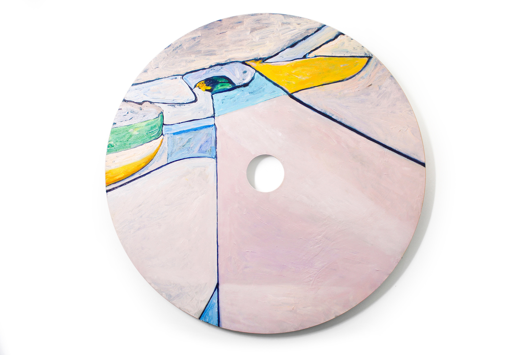 An expressive circular oil painting of geometric shapes floating, and a hole in the centre. It is painted in an abstracted minimalist style. There are colourful planes of pink, blue, tan and yellow in the background