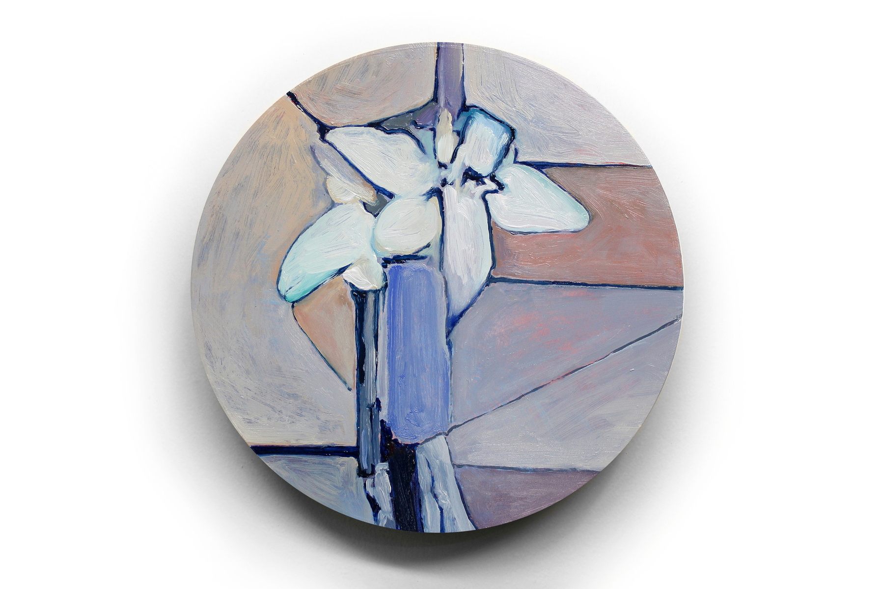 An expressive circular oil painting of a bouquet of white lily flowers, in an abstracted minimalist style. There are colourful planes of blue, purple, tan and white in the background
