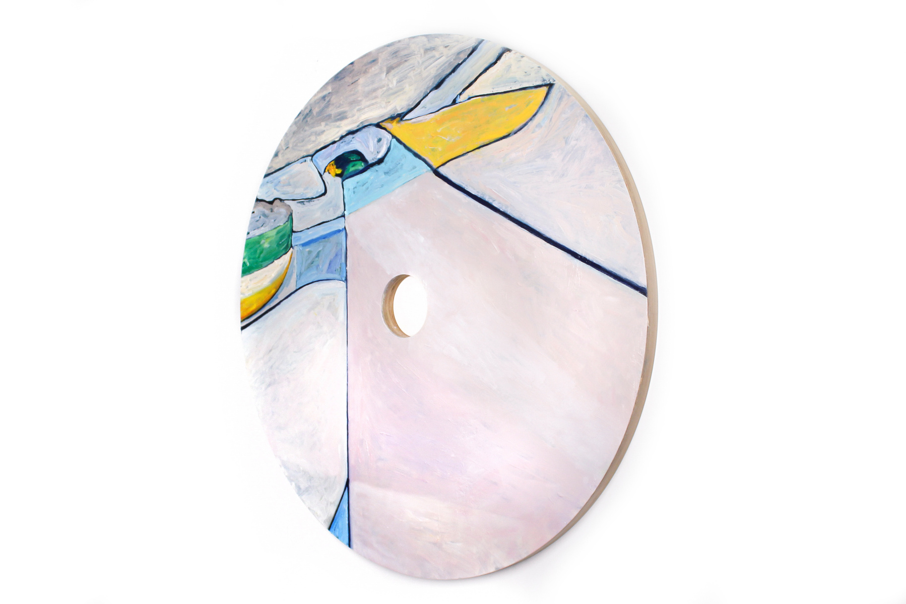 An expressive circular oil painting of geometric shapes floating, and a hole in the centre. It is painted in an abstracted minimalist style. There are colourful planes of pink, blue, tan and yellow in the background