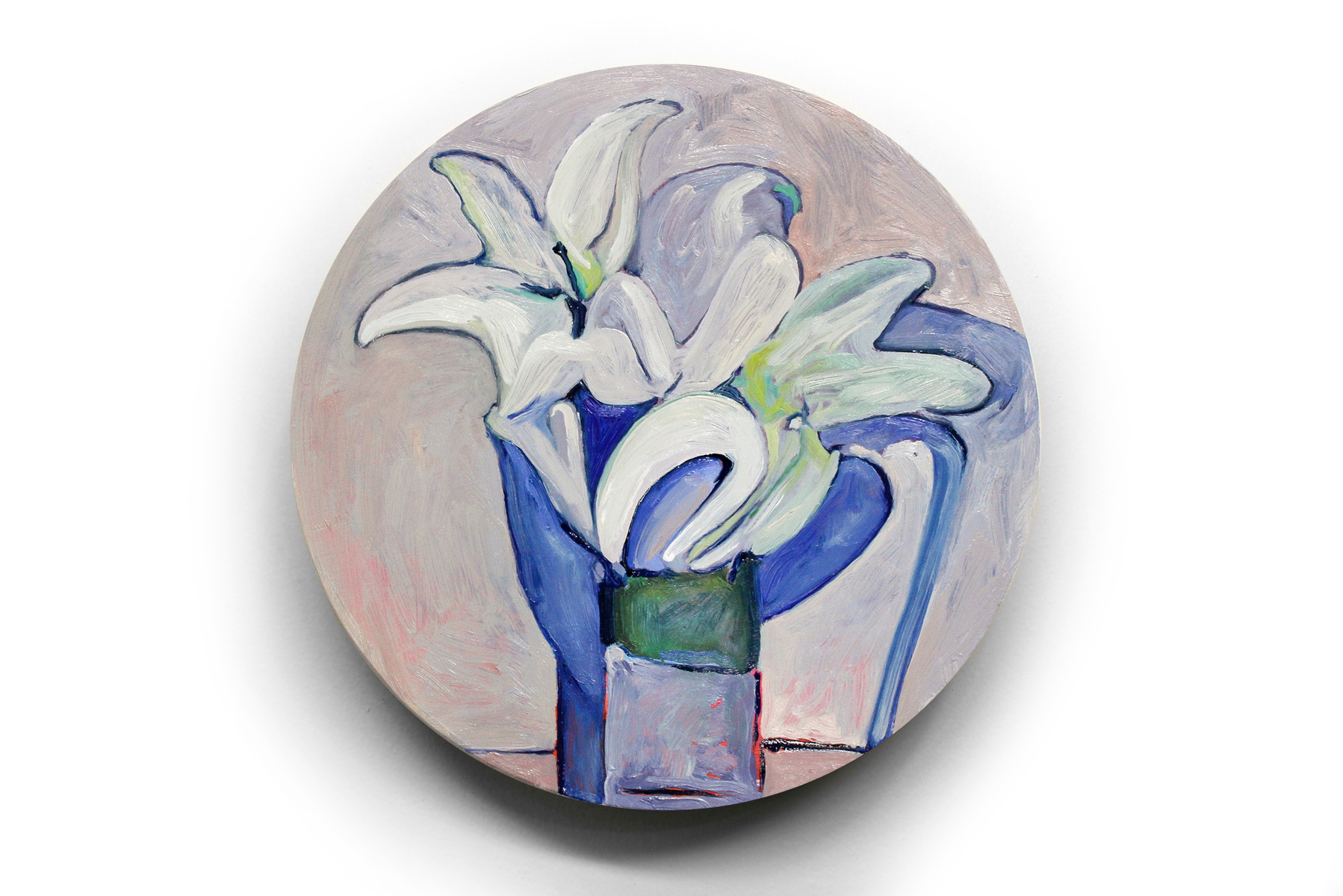 An expressive circular oil painting of a bouquet of white lily flowers, in an abstracted minimalist style. There are colourful planes of blue, purple, tan and white in the background