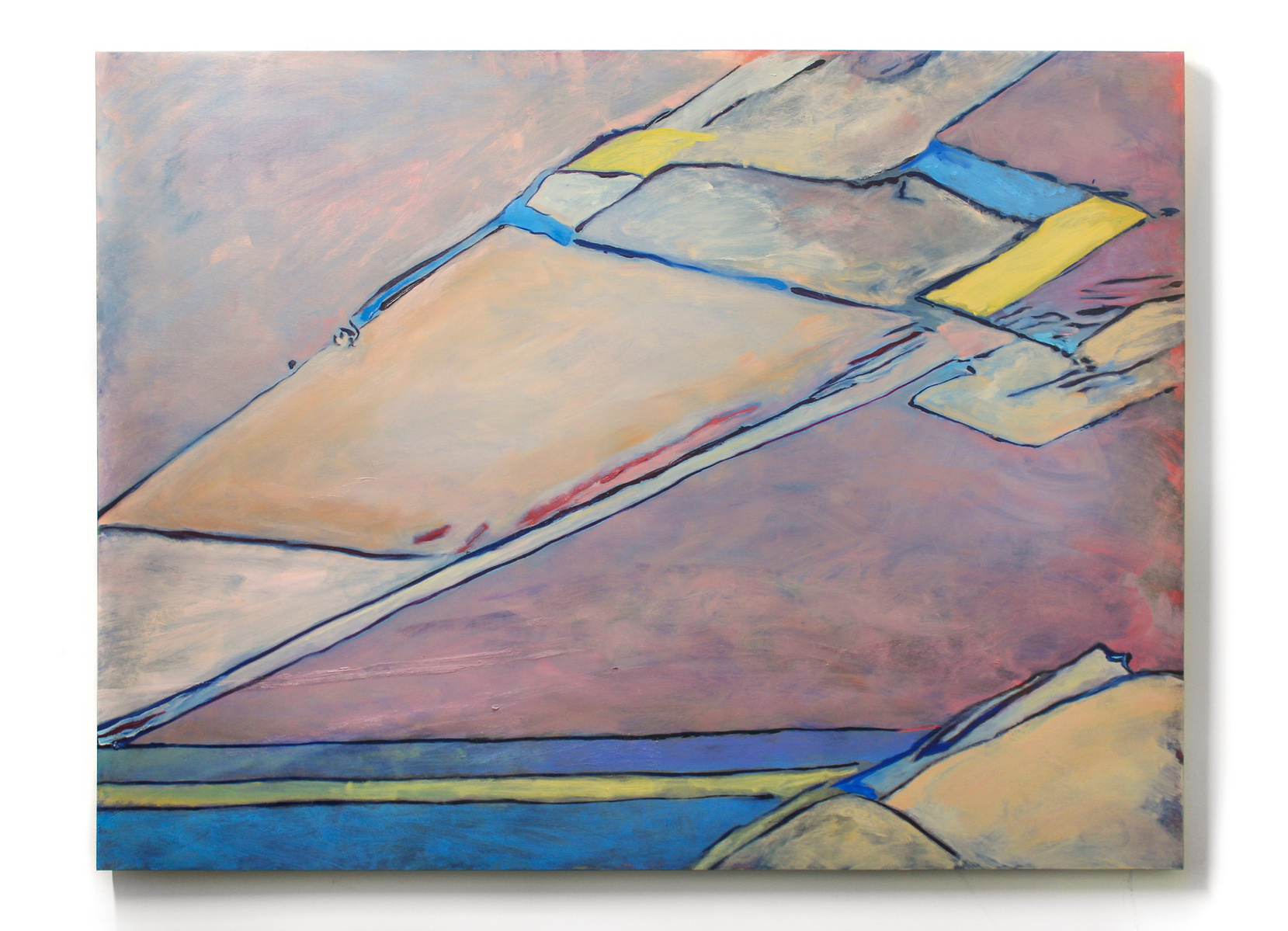 An expressive rectangular oil painting of geometric shapes floating, in an abstracted minimalist style. There are colourful planes of pink, blue, tan and yellow in the background