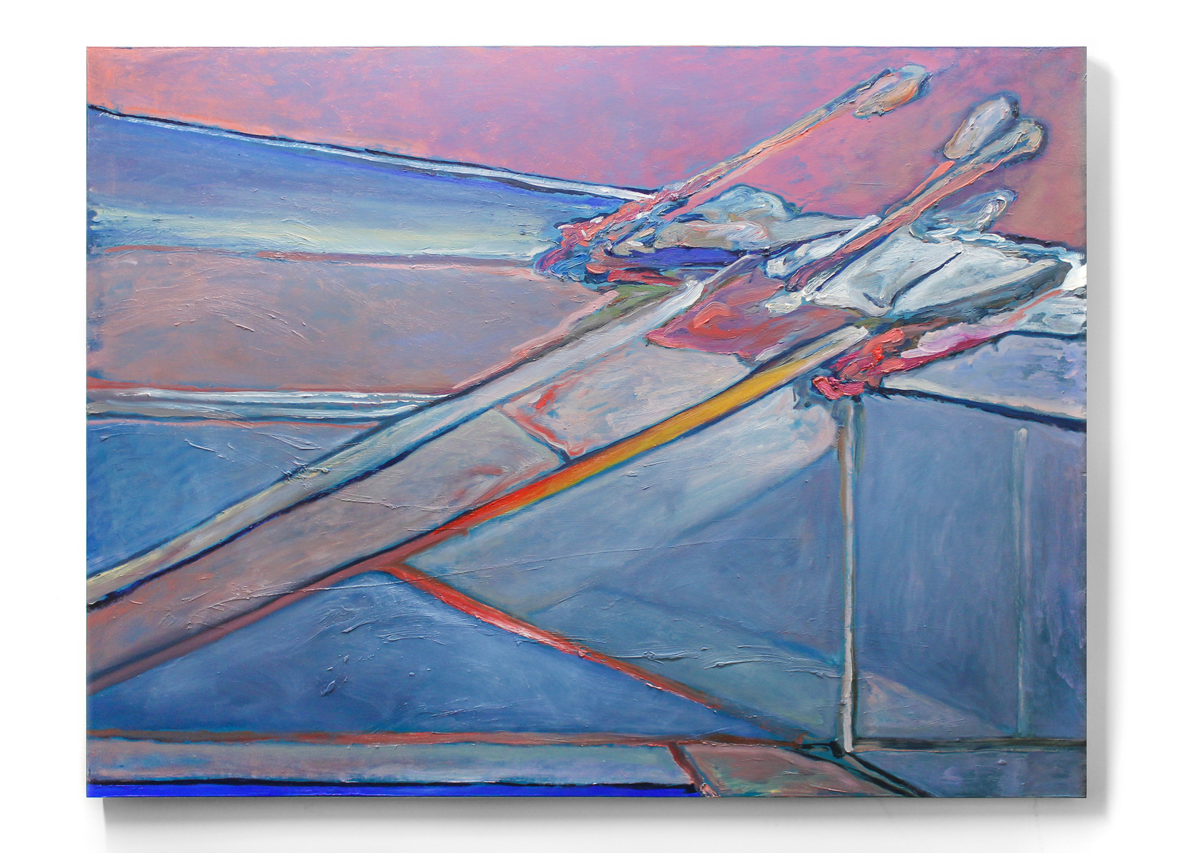 An expressive rectangular oil painting of geometric shapes floating, in an abstracted minimalist style. There are colourful planes of pink, blue, tan and purple in the background