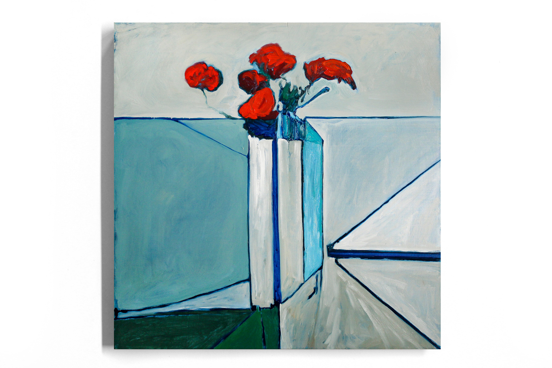 An expressive square oil painting of a bouquet of red carnation flowers, in an abstracted minimalist style. There are colourful planes of sea foam green, teal, tan and white in the background
