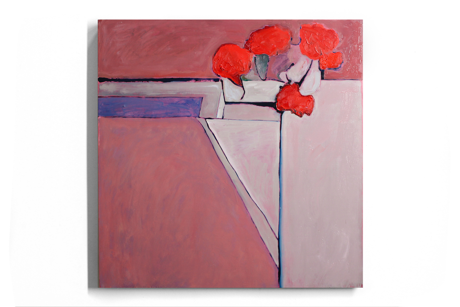 An expressive square oil painting of a bouquet of red carnation flowers, in an abstracted minimalist style. There are colourful planes of pink and tan in the background