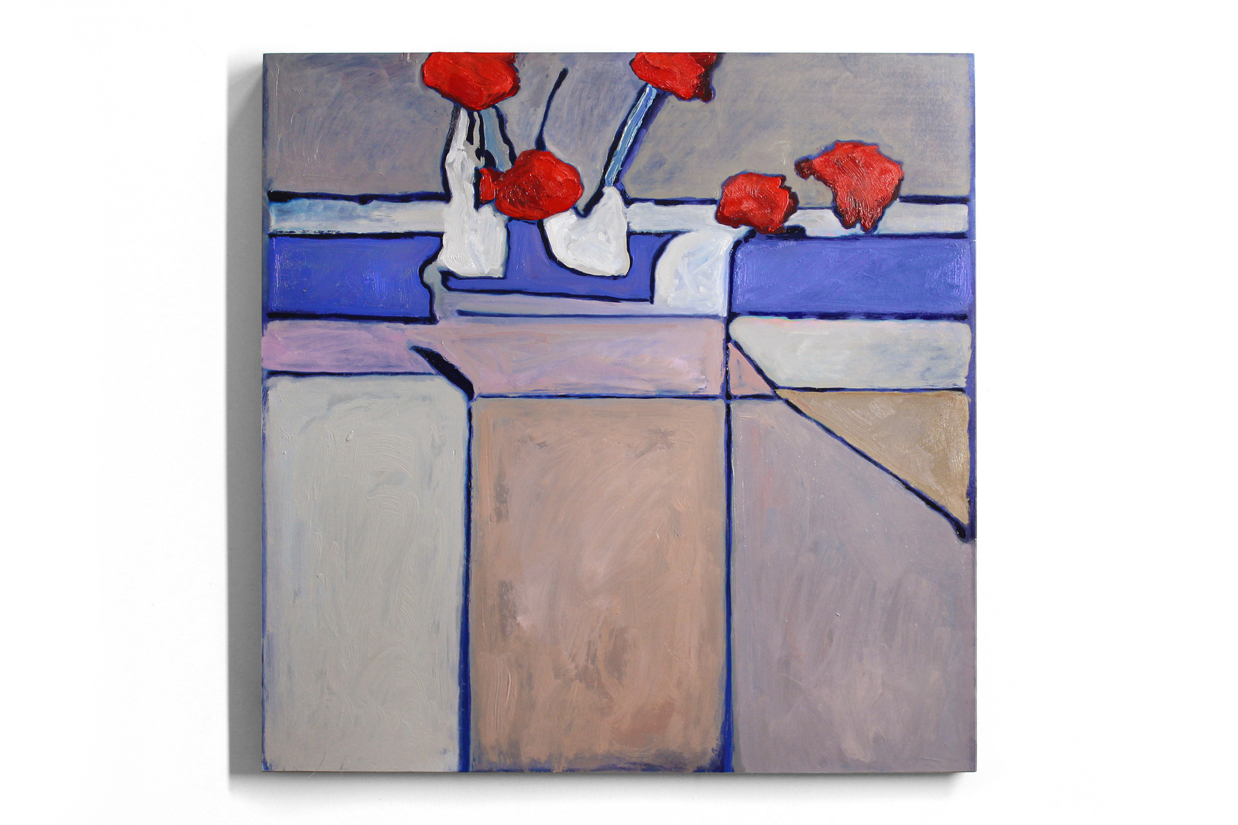 An expressive square oil painting of a bouquet of red carnation flowers, in an abstracted minimalist style. There are colourful planes of blue, tan and white in the background