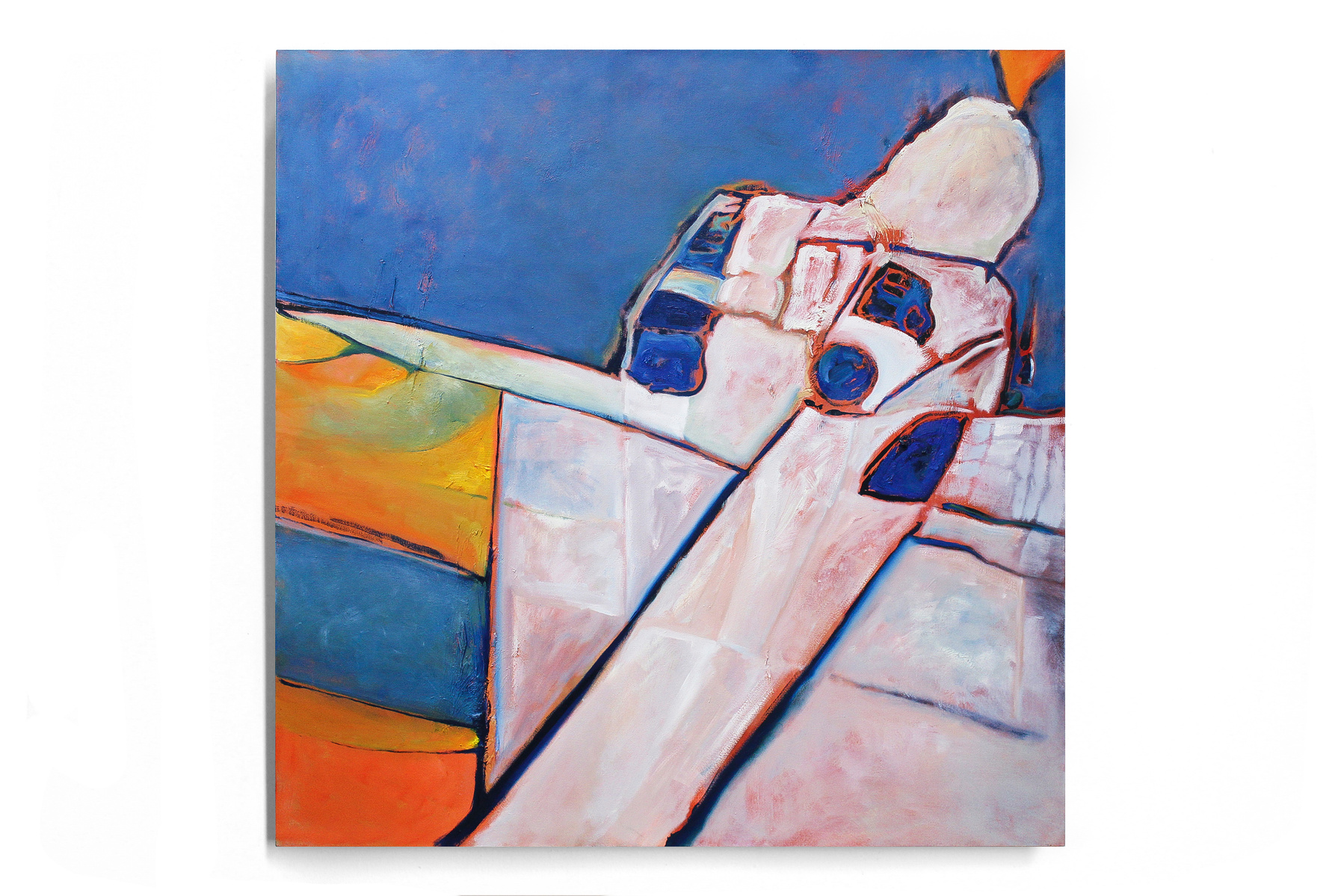An expressive square oil painting of an unknown mysterious shape resembling an astronaut, in an abstracted minimalist style. There are colourful planes of blue, yellow, pink and white in the background