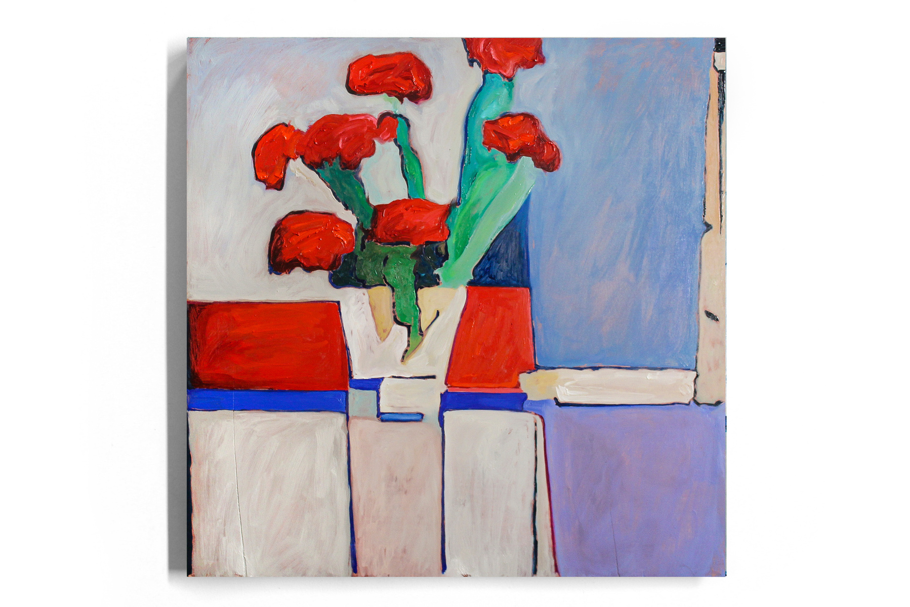 An expressive square oil painting of a bouquet of red carnation flowers, in an abstracted minimalist style. There are colourful planes of red white and blue in the background