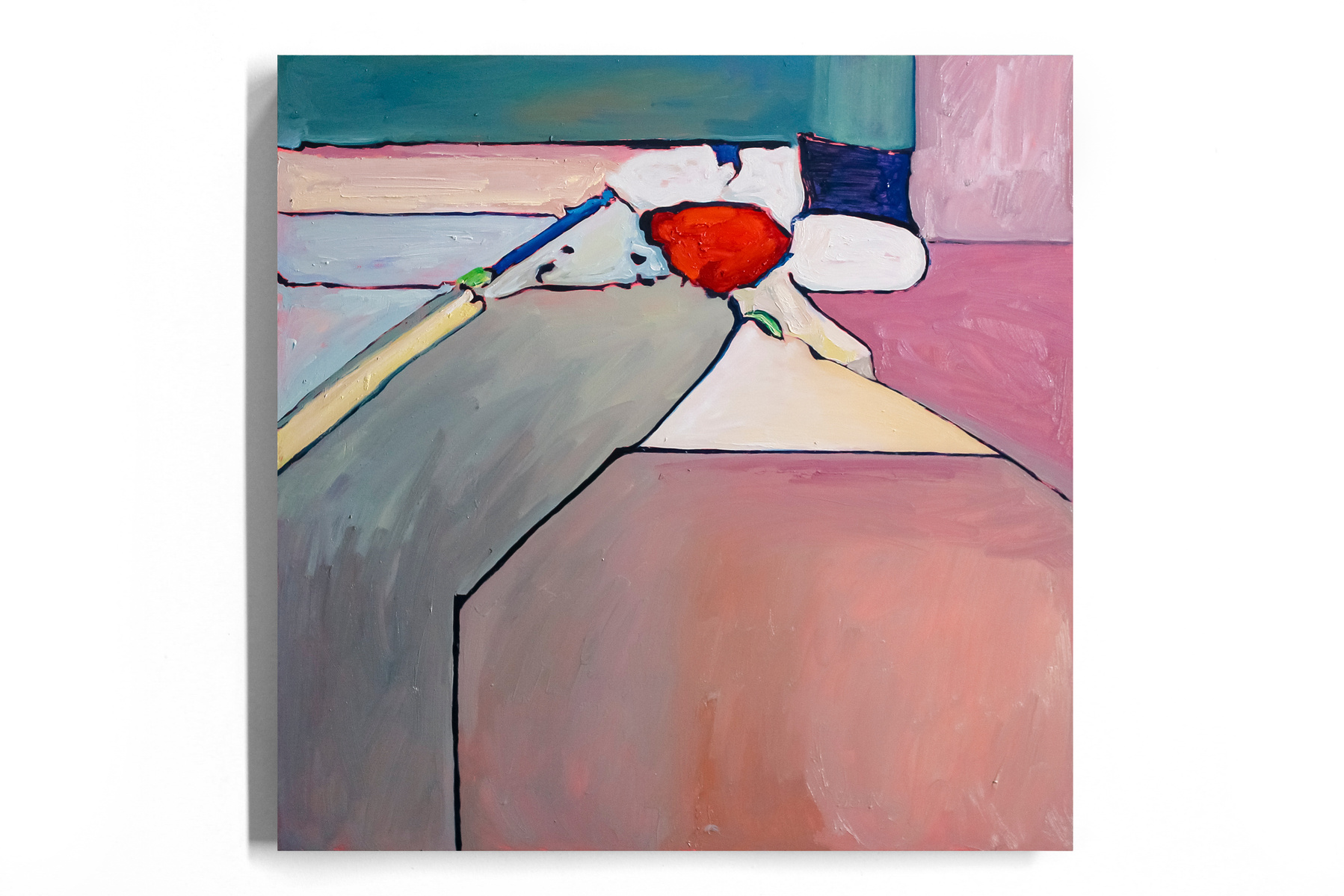 An expressive square oil painting of a bouquet of red carnation flowers, in an abstracted minimalist style. There are colourful planes of pink, green, tan and white in the background