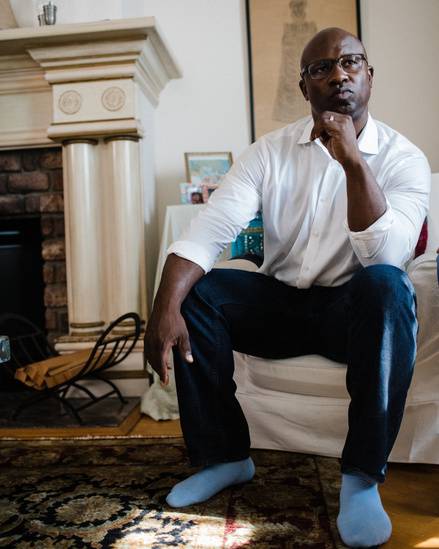 Jamaal Bowman meets with constituents at a house party in the Bronx.