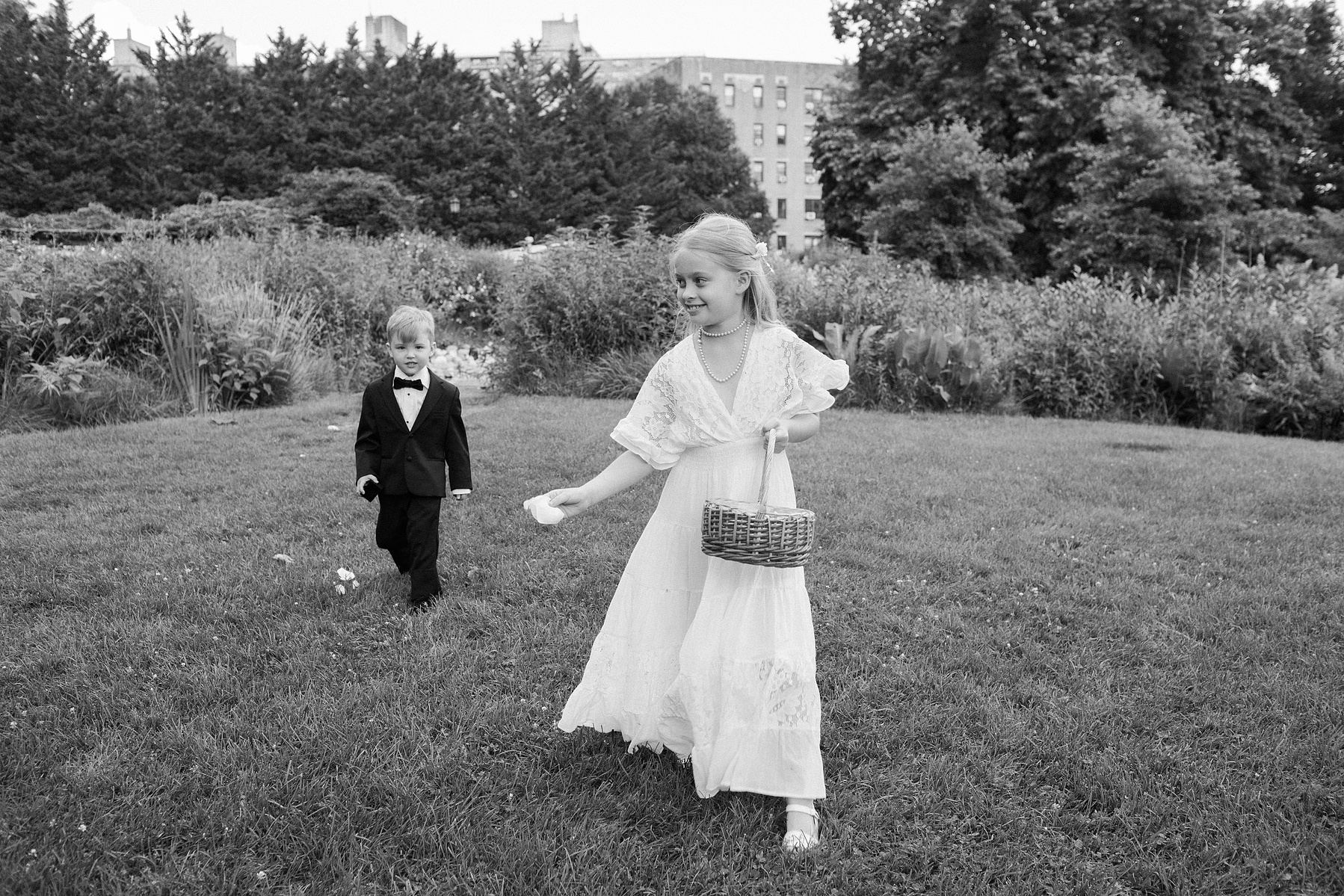Brooklyn botanical gardens summer wedding ceremony with flower girl and ring bearer. Corey Torpie Wedding Photojournalism.