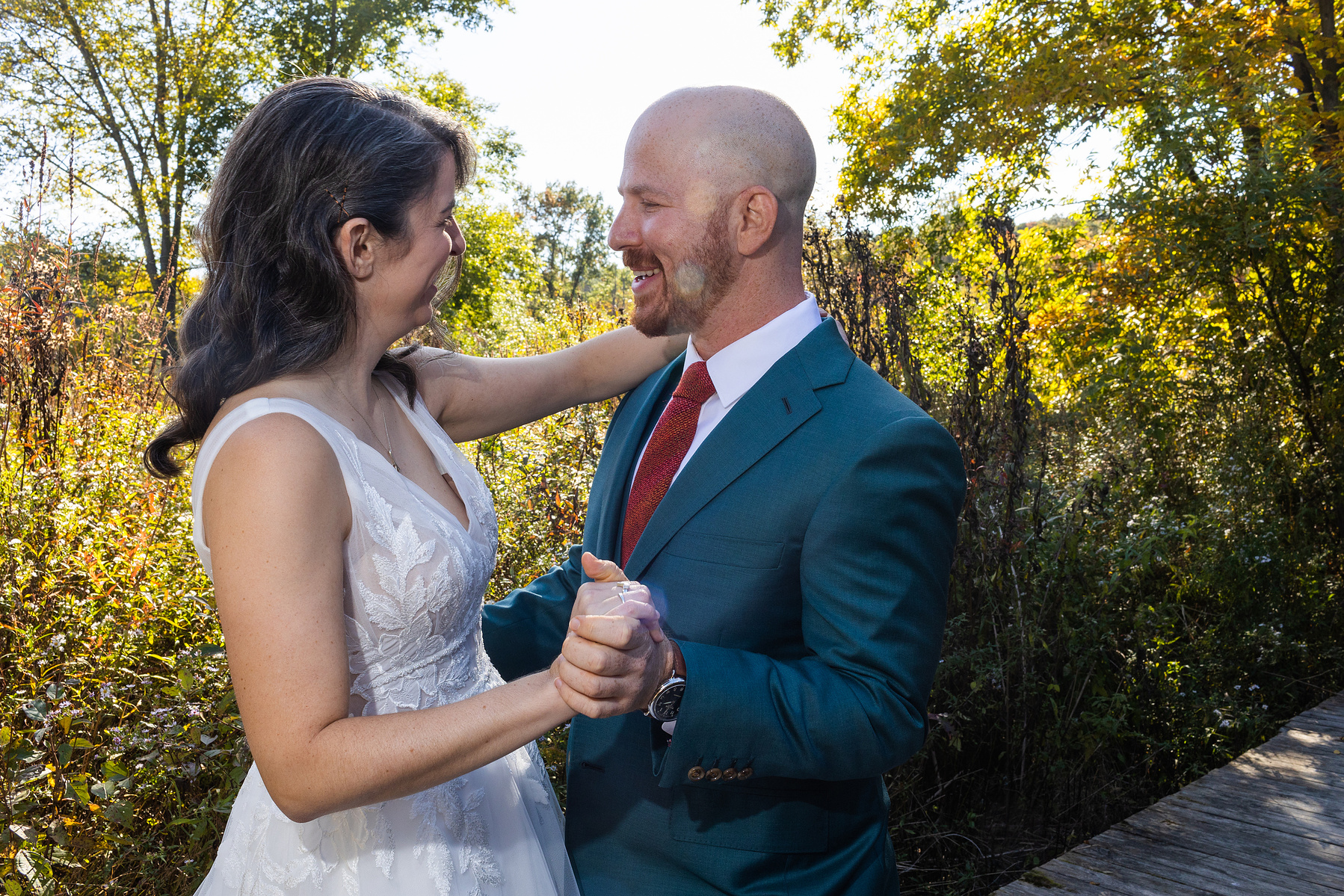 Bride and groom see each other for the first time. Blooming Hill Farm. Wedding photojournalism
