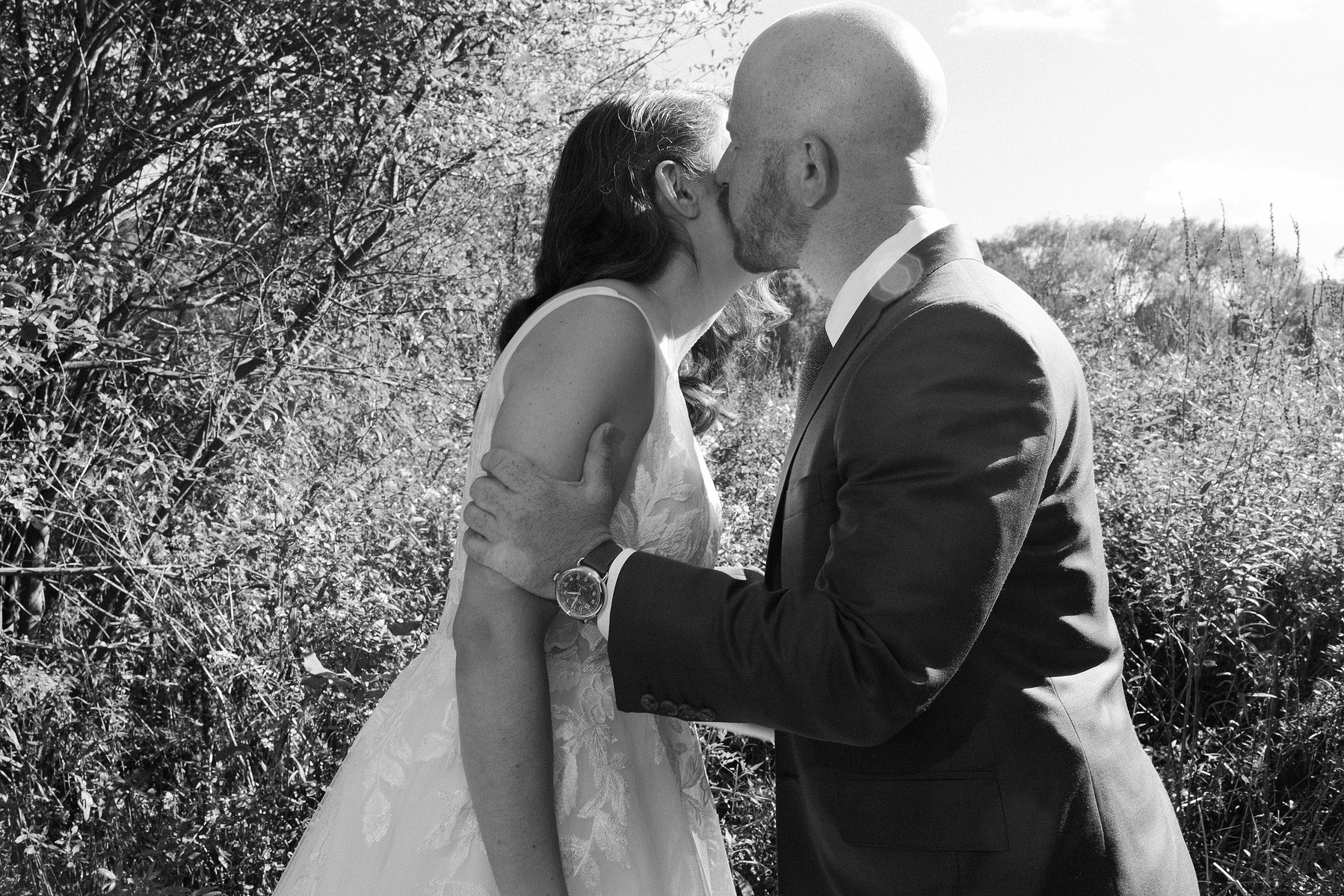 Bride and groom see each other for the first time. Blooming Hill Farm. Wedding photojournalism