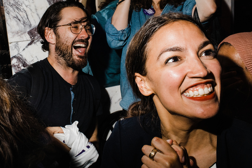 Alexandria Ocasio-Cortez celebrates in the Bronx after winning her primary in 2018.