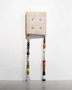 Tiptoe, 2020, Oil paint, yarn and buttons on upholstered canvas, found objects, 166 x 49 x 15 cm