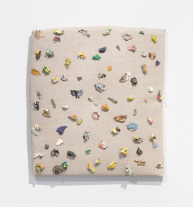 Stash, 2020, Oil paint and a button on upholstered canvas, 54 x 48 x 7 cm