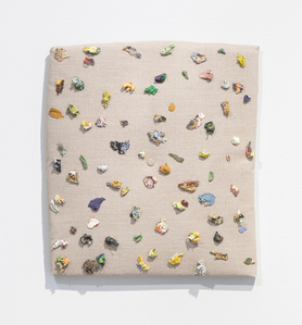 Stash, 2020, Oil paint and a button on upholstered canvas, 54 x 48 x 7 cm