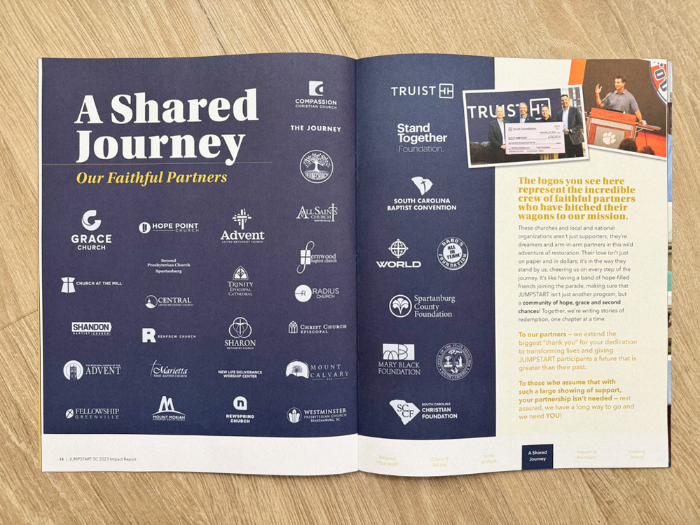 Jumpstart impact report page layout design, Grace Church, Truist Bank, Dabo's All In Team Foundation, Stand Together Foundation