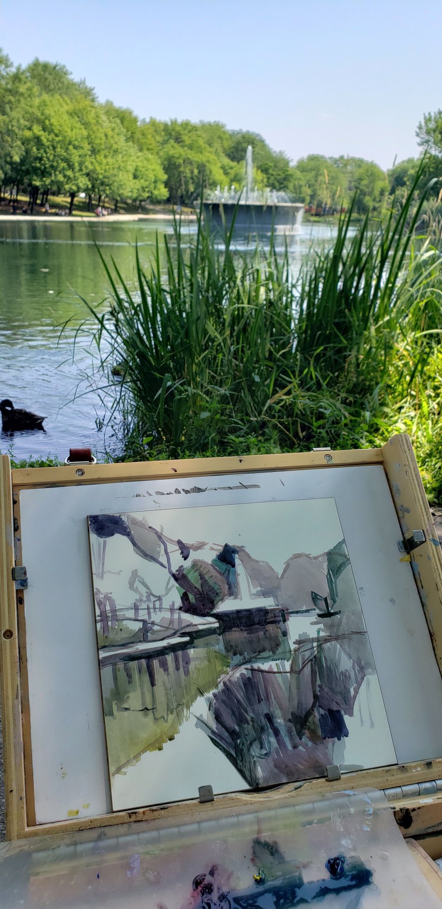 Pochade travel painting box set up in Parc Fontaine for a painting session, 2019.