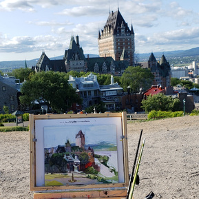 Chateau Frontenac in Quebec, plein air acrylic painting of the hotel and surrounding area, as seen from above.