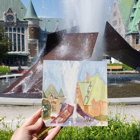 Plein air acrylic painting of water sculpture outside Quebec Train Station.