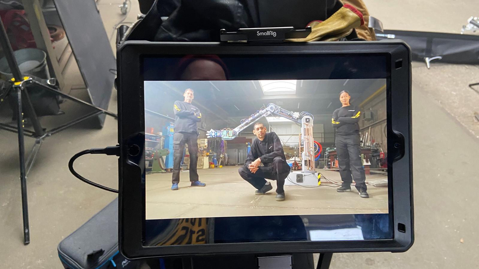 Behind the scenes at Technicum shoot at welding workshop taking the final hero shot.