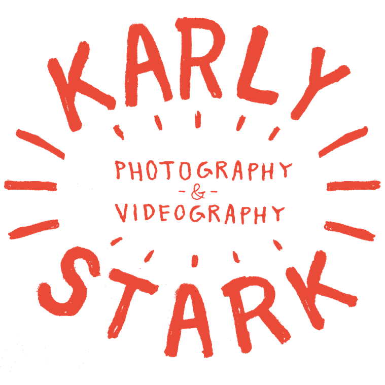 red drawn text reads: karly stark photography and videography.