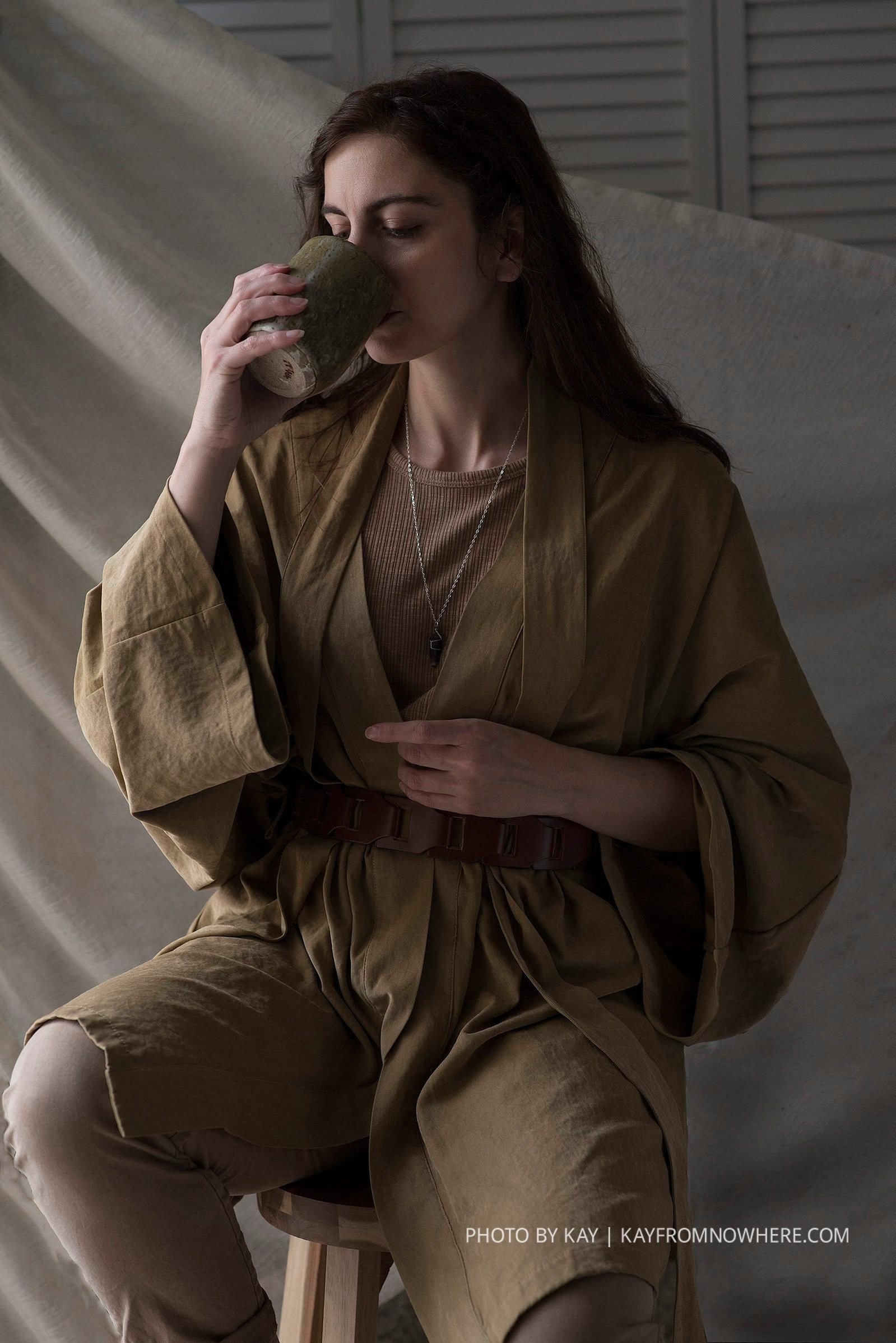 Drinking tea in a Jedi-styled photoshoot