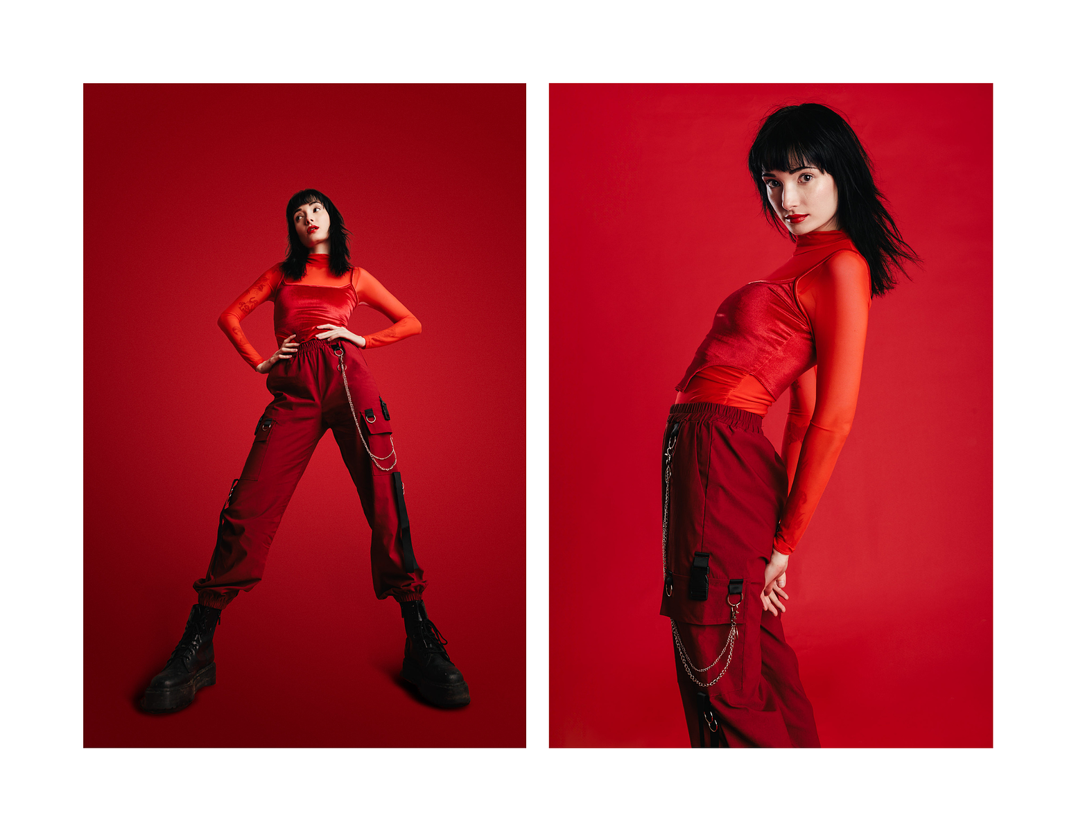 red studio, red monochromatic, monochromatic photoshoot, high fashions poses, Harpers bazaar, fashion magazine, wearing red, red outfit, Red monochromatic outfit casual, red aesthetic grunge, red aesthetic rock n roll, red aesthetic outfit ideas