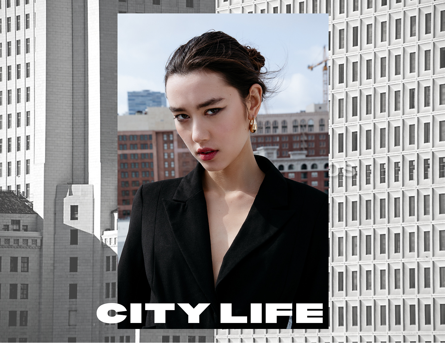 City Life in Downtown LA girl rooftop fashion editorial business lady blazer dress fashion photo editorial NYC la downtown city chic slicked back hair business women fashion photography city skyline LA photographer sleek by Karinna Gylfphe Photo