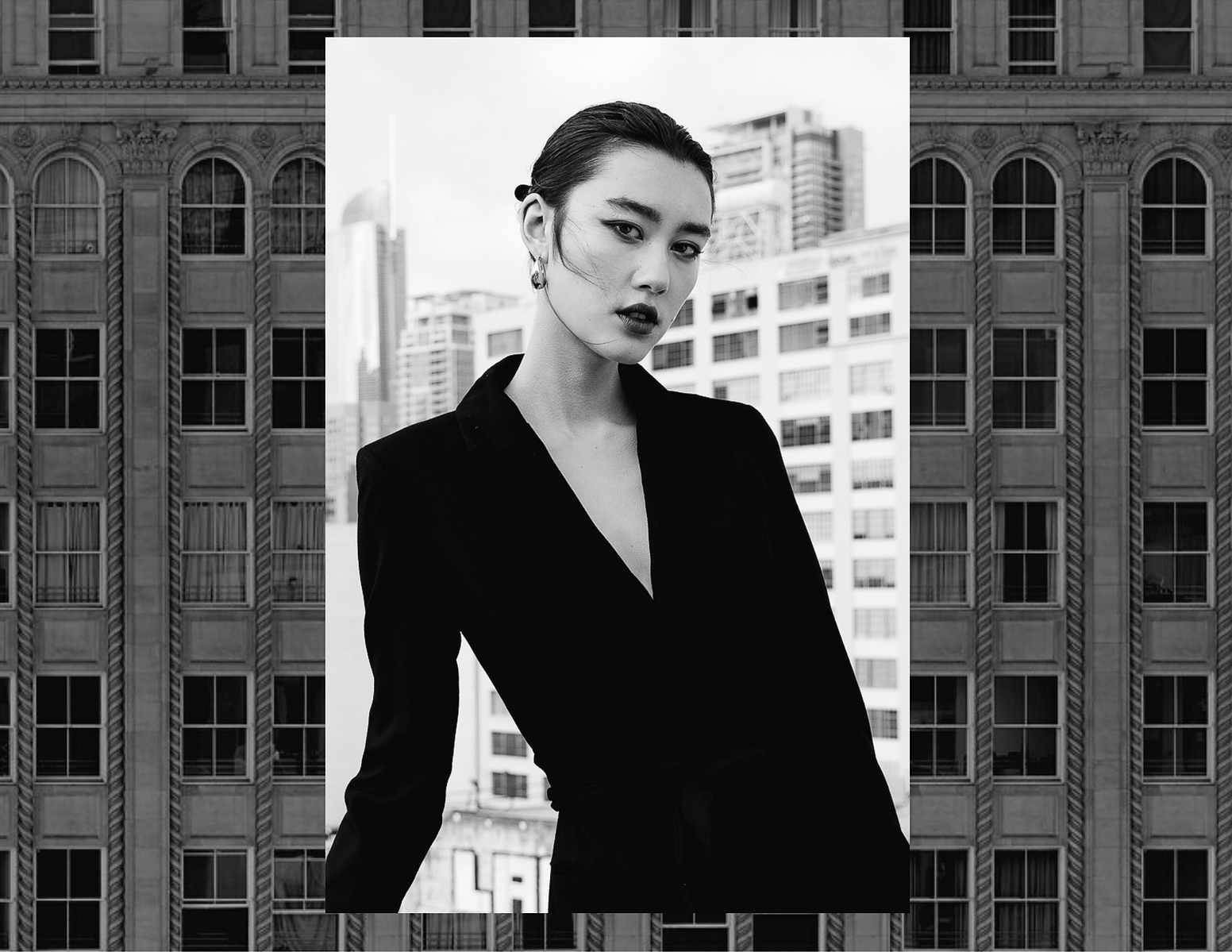 City Life in Downtown LA girl rooftop fashion editorial business lady blazer dress fashion photo editorial NYC la downtown city chic slicked back hair business women fashion photography city skyline LA photographer sleek sophistication by Karinna Gyl