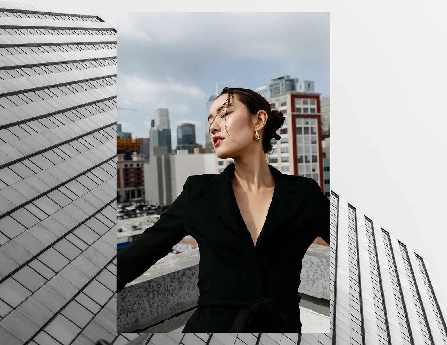City life Citygirl rooftop blazer dress fashion photo editorial nyc la downtown citychic slickedbackhair business women fashion photography city skyline downtownLA LAphotographer sleeksophistication