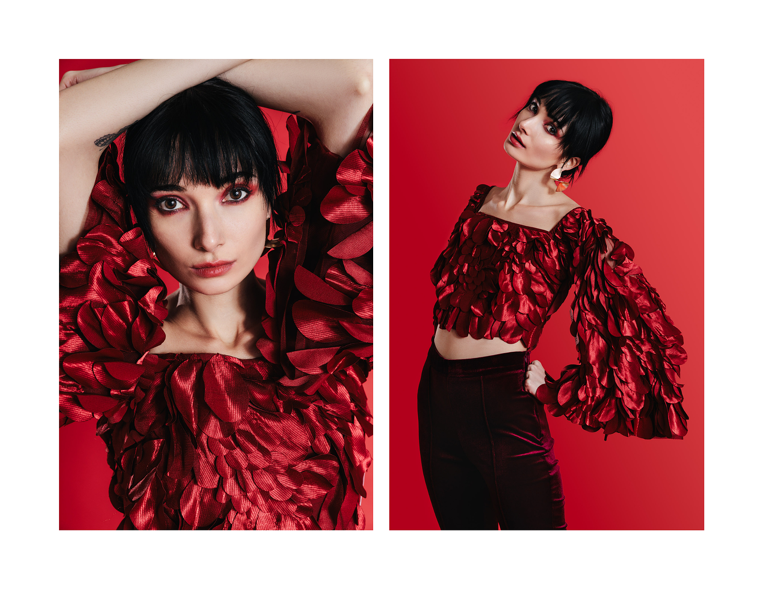 red studio, red monochromatic, monochromatic photoshoot, high fashions poses, Harpers bazaar, fashion magazine, wearing red, red outfit, Red monochromatic outfit casual, red aesthetic grunge, red aesthetic rock n roll, red aesthetic outfit ideas