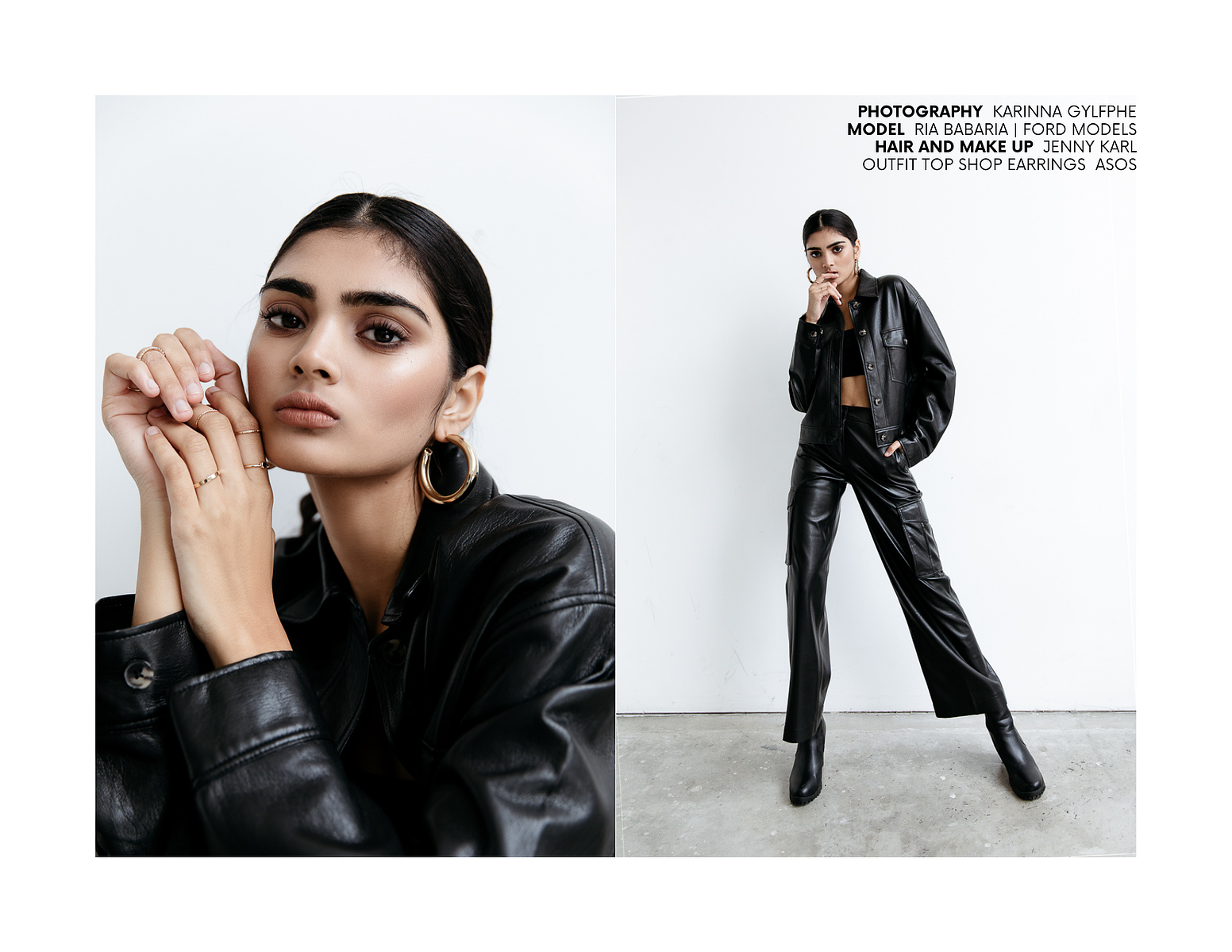 vintage black leather, motorcycle girl aesthetic, big hoops, black bandeau outfit, black bandeau top outfit aesthetic, all black aesthetic, photo studio, professional photographer, ford models, female modeling poses photography, Indian-American model
