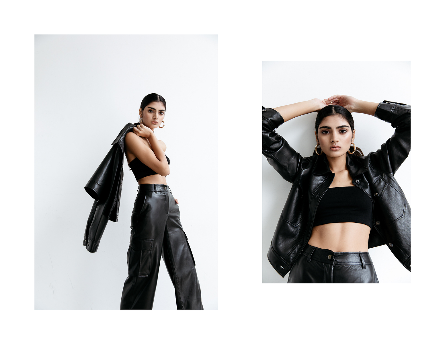 vintage black leather, motorcycle girl aesthetic, big hoops, black bandeau outfit, black bandeau top outfit aesthetic, all black aesthetic, photo studio, professional photographer, ford models, female modeling poses photography, Indian-American model