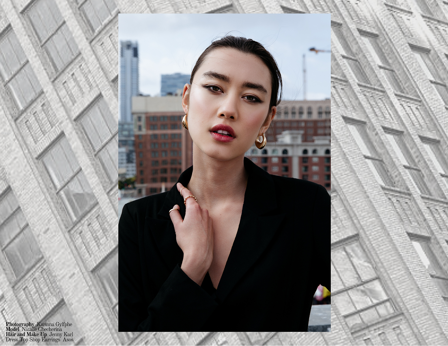 City Life in Downtown LA girl rooftop fashion editorial business lady blazer dress fashion photo editorial NYC la downtown city chic slicked back hair business women fashion photography city skyline LA photographer sleek sophistication by Karinna Gyl