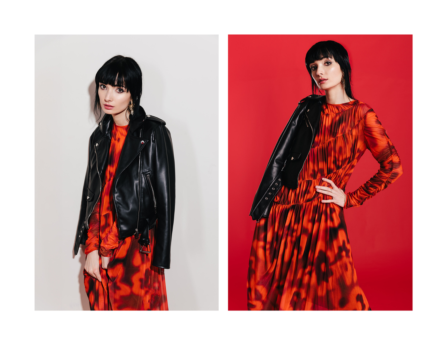 Rock n roll fashion, leather jacket, all red photoshoot, gold earrings, pale skin model, red lips, red fashion editorial, fashion photography, bold photo lighting, high end fashion, red dress, 90s grunge aesthetic, rock and roll aesthetic