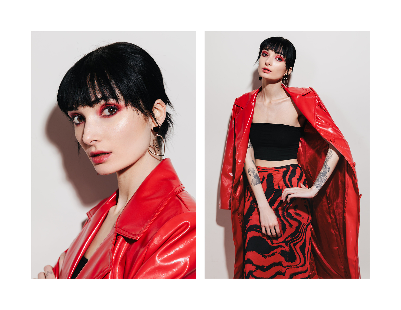 Rock n roll fashion, leather jacket, all red photoshoot, gold earrings, pale skin model, red lips, red fashion editorial, fashion photography, bold photo lighting, high end fashion, red dress, 90s grunge aesthetic, rock and roll aesthetic