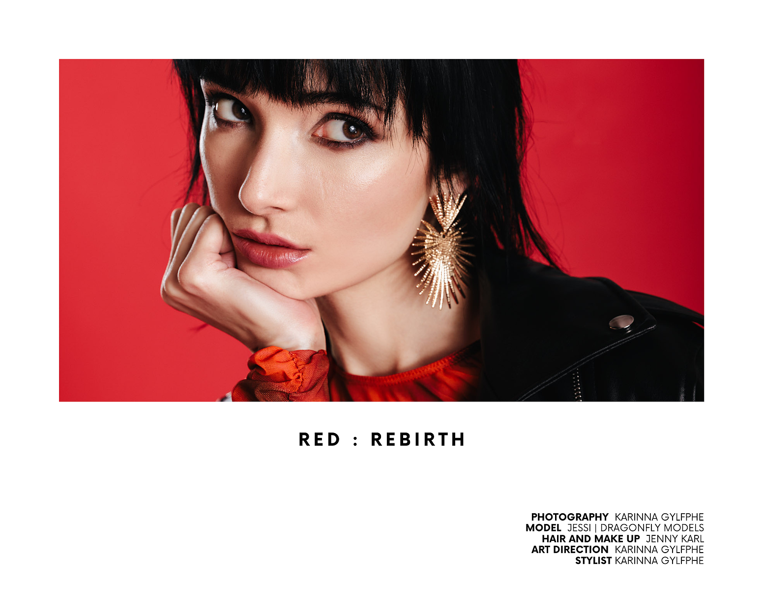 Rock n roll fashion, leather jacket, all red photoshoot, gold earrings, pale skin model, red lips, red fashion editorial, fashion photography, bold photo lighting, high end fashion, red dress, 90s grunge aesthetic, rock and roll aesthetic